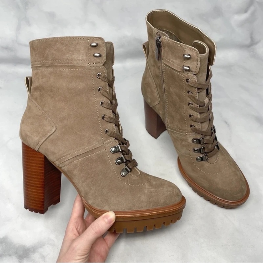 Vince Camuto Taupe Suede Chunky Heel Boots